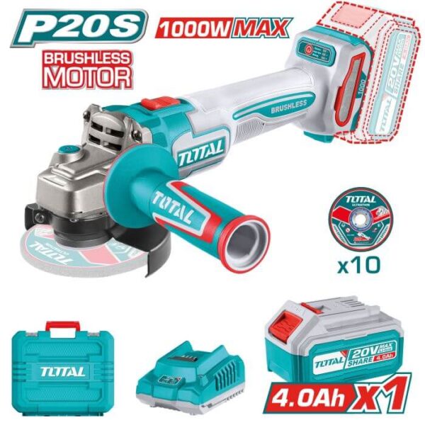 Amoladora Angular Brushless a Batería TOTAL 20V 125mm + Batería 4Ah + Cargador TAGLI271531E