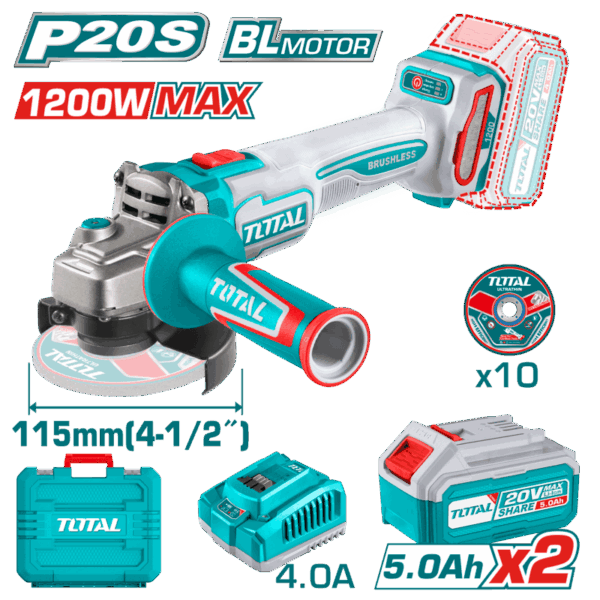 Amoladora Angular Brushless a Batería TOTAL 20V 125mm 1200W + 2 Baterías + Cargador TAGLI2211532E