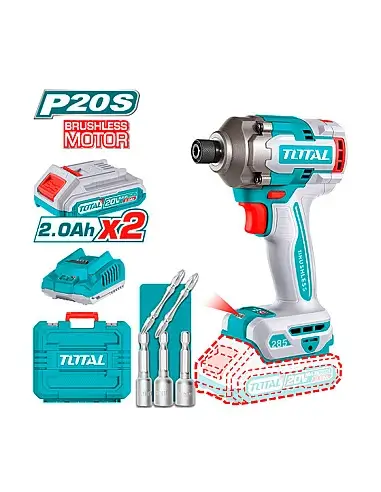 Atornillador de Impacto Brushless a Batería TOTAL 20V 285Nm 1/4" + 2 Baterías 2Ah + Cargador + Maletín TIRLI2028E