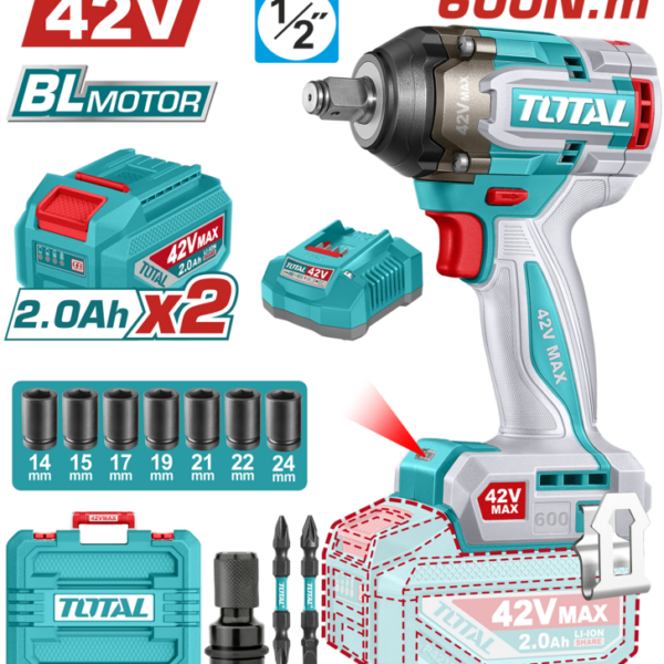 Llave de Impacto Brushless a Batería TOTAL 42V 600Nm 1/2" + 2 Baterías 2Ah + Cargador + 7 Vasos + Maletín TIWLI42602E