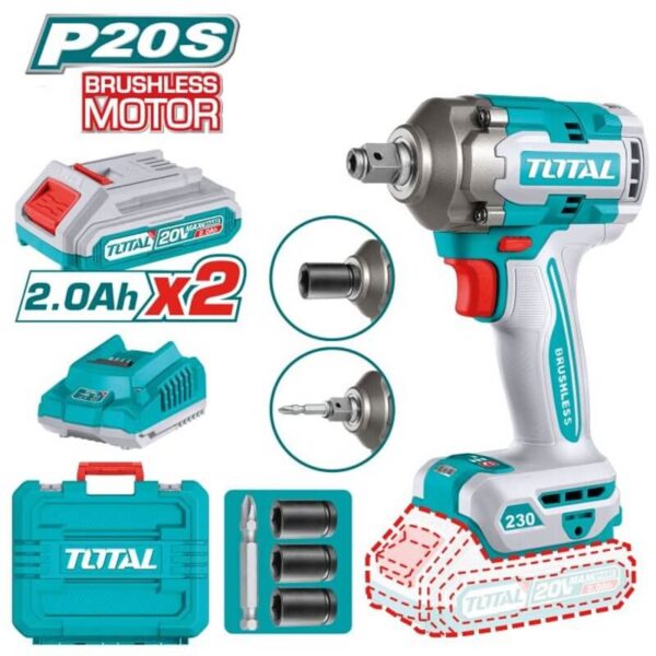 Llave de Impacto Brushless a Batería TOTAL 20V 230Nm 1/2" + 2 Baterías 2Ah + Cargador + Vasos + Maletín TIWLI20236E
