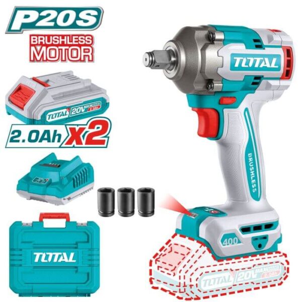 Llave de Impacto Brushless a Batería TOTAL 20V 1/2" + 2 Baterías + Cargador + Maletín