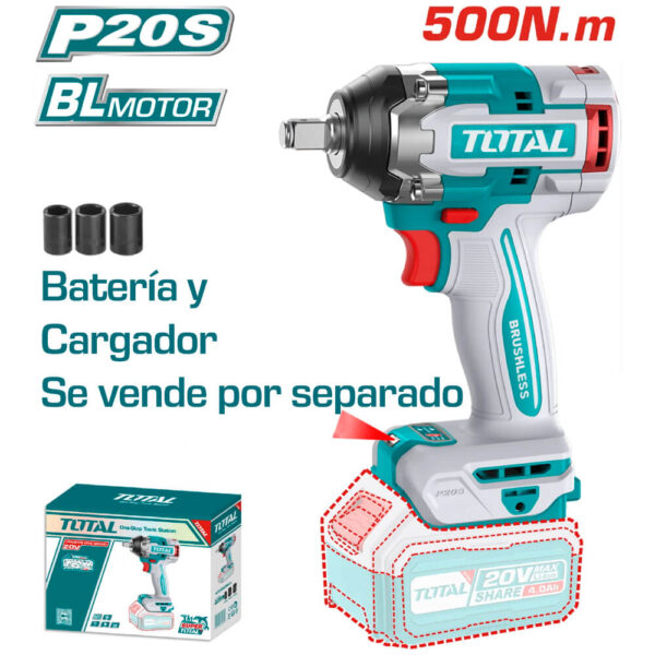 Llave de Impacto Brushless a Batería TOTAL 20V 500Nm 1/2" con 3 Vasos Sin Batería TIWLI20501