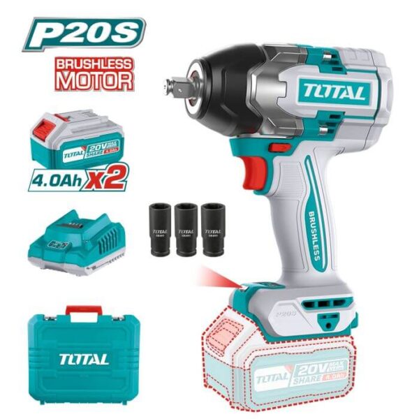 Llave de Impacto Brushless a Batería TOTAL 20V 1/2" Alto Par Profesional Sin Batería
