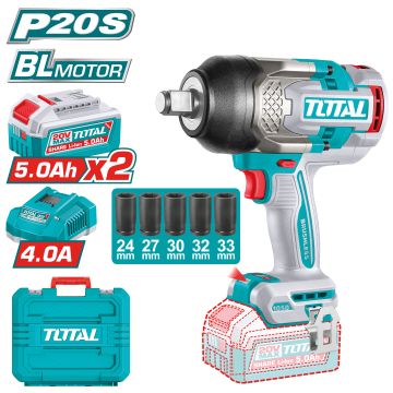 Llave de Impacto Brushless a Batería TOTAL 20V 1050Nm 3/4" + 2 Baterías 5Ah + Cargador + 3 Vasos + Maletín TIWLI20105E