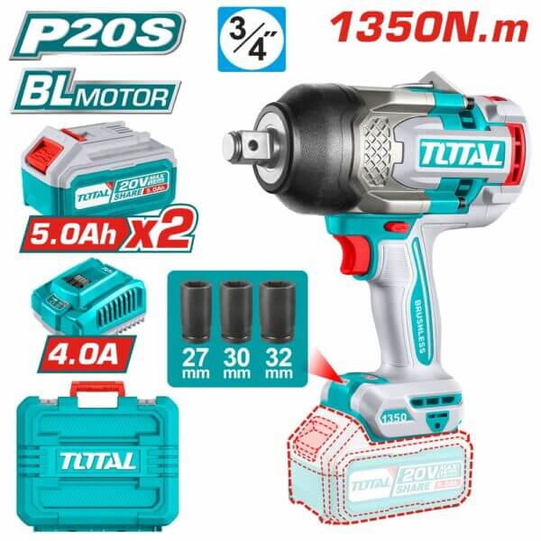 Llave de Impacto Brushless a Batería TOTAL 20V 1350Nm 3/4" + 2 Baterías 5Ah + Cargador + 3 Vasos + Maletín TIWLI20135E