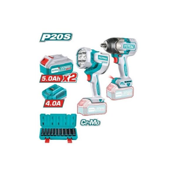 Pack Llave de Impacto 850Nm 1/2" + Foco LED 2000 Lúmenes a Batería TOTAL 20V + 10 Vasos + 2 Baterías 5Ah TOSLI241181E