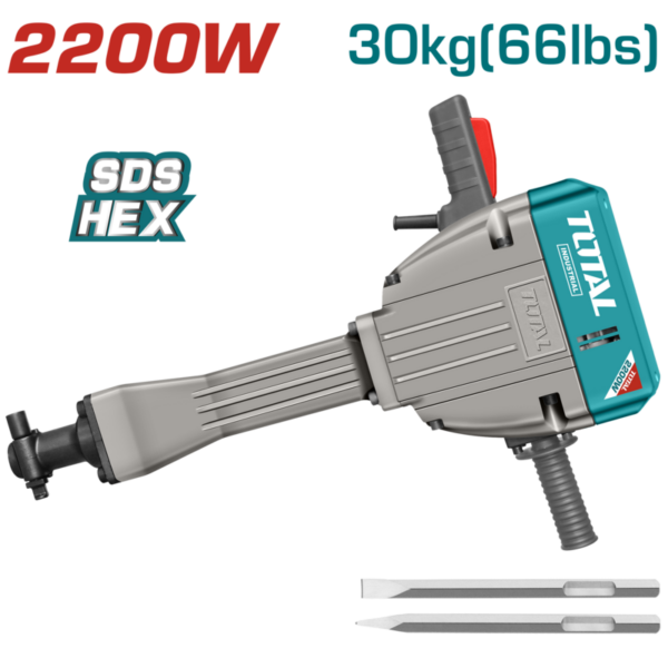 Martillo Picador con Cable TOTAL 2200W 75J HEX 28mm Profesional Demolición Pesada TH220502