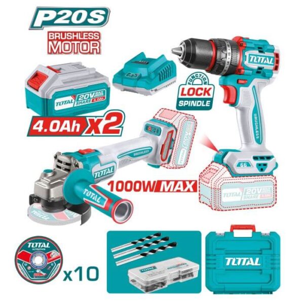 Pack Taladro Percutor + Amoladora Brushless a Batería TOTAL 20V + 2 Baterías + Cargador + 47 Accesorios + Maletín TCKLI20273E