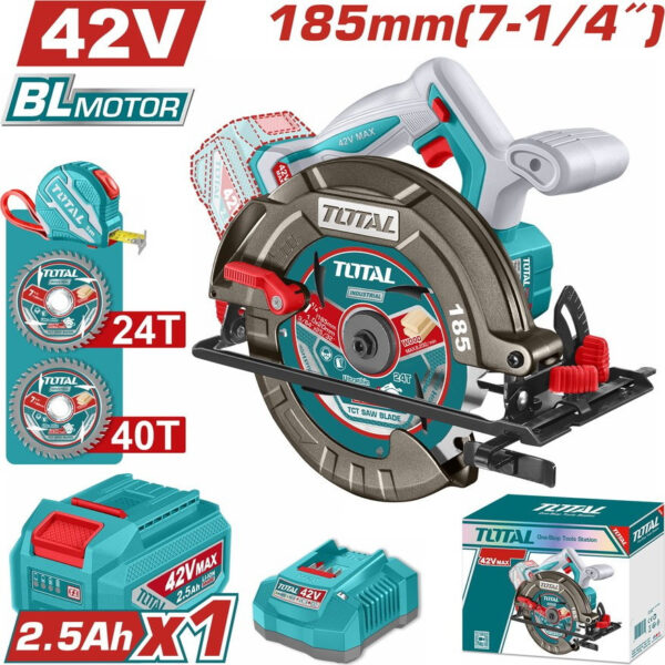 Sierra Circular Brushless a Batería TOTAL 42V 185mm Profesional + Batería + Cargador TSLI4218511E