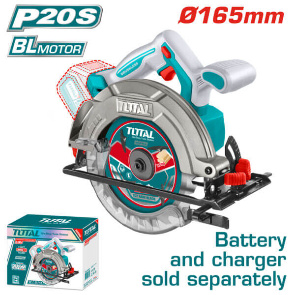 Sierra Circular Brushless a Batería TOTAL 20V 165mm Ajuste Profundidad Sin Batería TSLI1652