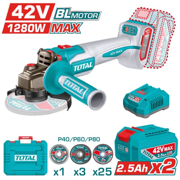 Amoladora Angular Brushless a Batería TOTAL 42V 125mm Profesional + Batería + Cargador TAGLI4128112E