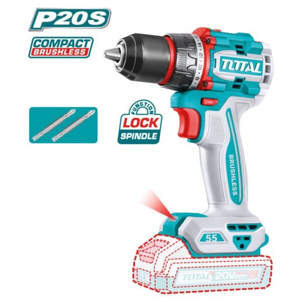 Taladro Atornillador Brushless a Batería TOTAL 20V 55Nm Compacto Sin Batería TDLI205581