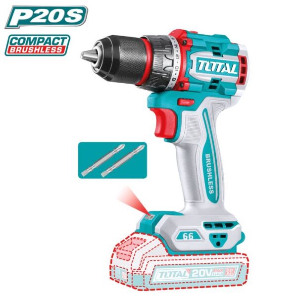 Taladro Atornillador Brushless a Batería TOTAL 20V 66Nm Percusión Compacto Sin Batería TDLI206681