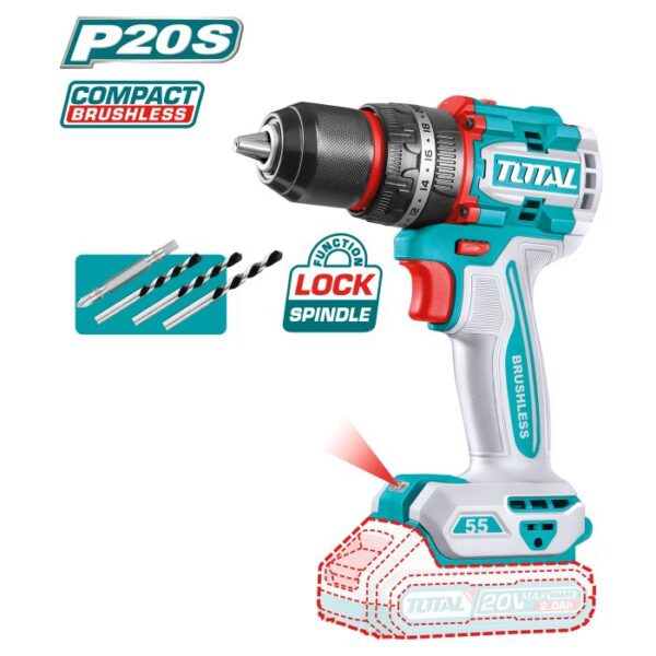 Taladro Percutor Brushless a Batería TOTAL 20V 55Nm Sin Batería TIDLI205581