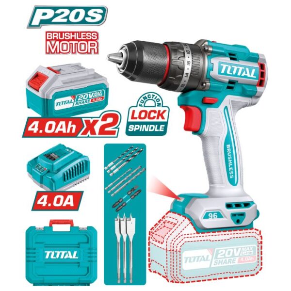 Taladro Percutor Brushless a Batería TOTAL 20V 96Nm + 2 Baterías 4Ah + Cargador + Maletín TIDLI20968E