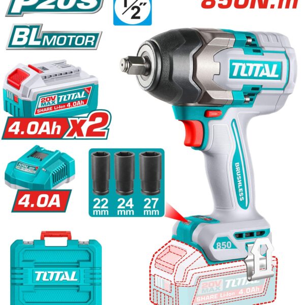 Llave de Impacto Brushless a Batería TOTAL 20V 850Nm 1/2" + 2 Baterías 4Ah + Cargador + 3 Vasos + Maletín TIWLI2085E