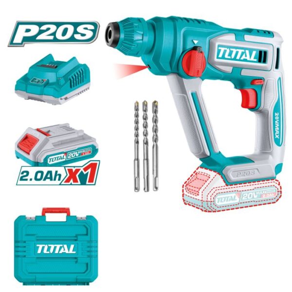 Martillo Combinado a Batería TOTAL 20V 1.5J SDS Plus + Batería 2Ah + Cargador + Maletín TRHLI201681E