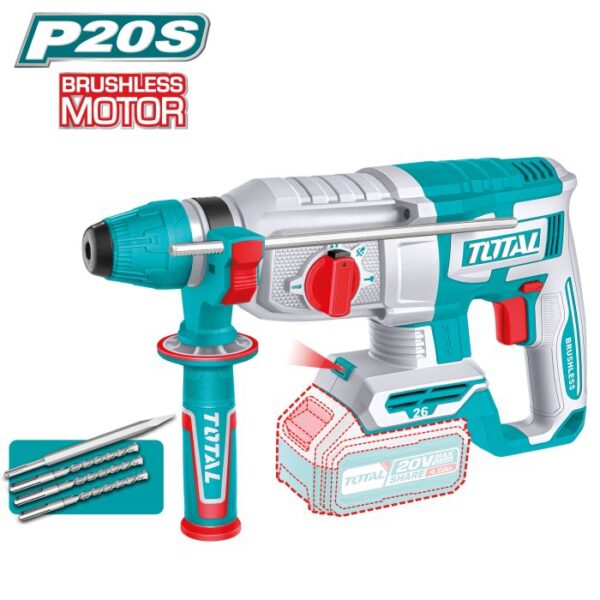 Martillo Combinado Brushless a Batería TOTAL 20V 2.5J 26mm SDS Plus Sin Batería TRHLI20268