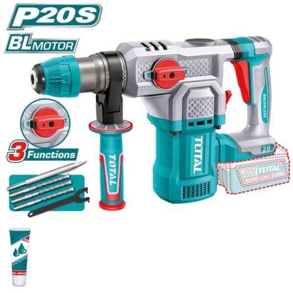 Martillo Combinado Brushless a Batería TOTAL 20V 4.5J 28mm SDS Plus Sin Batería TRHLI20286