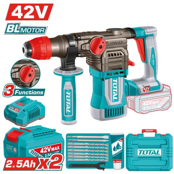 Martillo Combinado Brushless a Batería TOTAL 42V 4.5J 28mm SDS Plus + 2 Baterías 2.5Ah + Cargador + Maletín TRHLI422882E