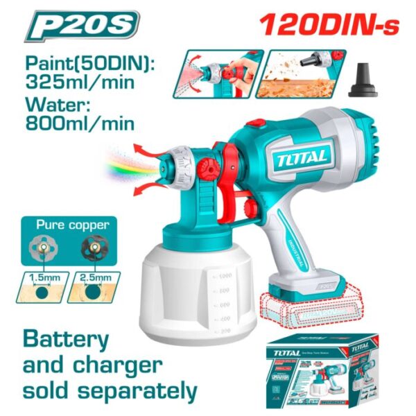 Pistola de Pintura a Batería TOTAL 20V 1000ml Boquilla Ajustable Sin Batería TSGLI2004