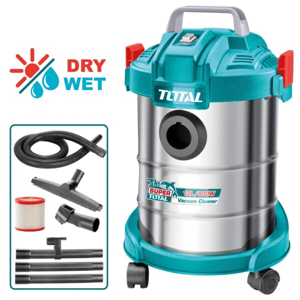 Aspirador Industrial con Cable TOTAL 800W 12L Seco y Húmedo Boquillas Esquinas Bolsa Polvo TVC14122