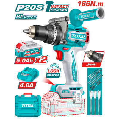 Taladro Percutor Brushless a Batería TOTAL 20V + Batería + Cargador TIDLI201668E