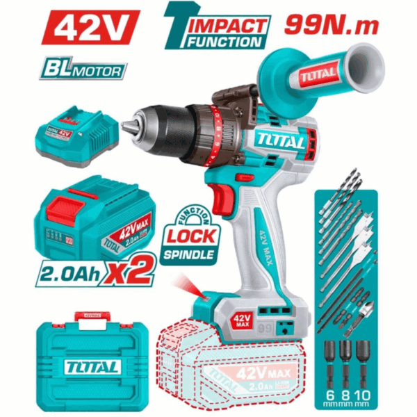 Taladro Percutor Brushless a Batería TOTAL 42V 99Nm Profesional + Batería + Cargador TIDLI429982E