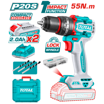 Taladro Percutor Brushless a Batería TOTAL 20V 55Nm Compacto Sin Batería TIDLI20558