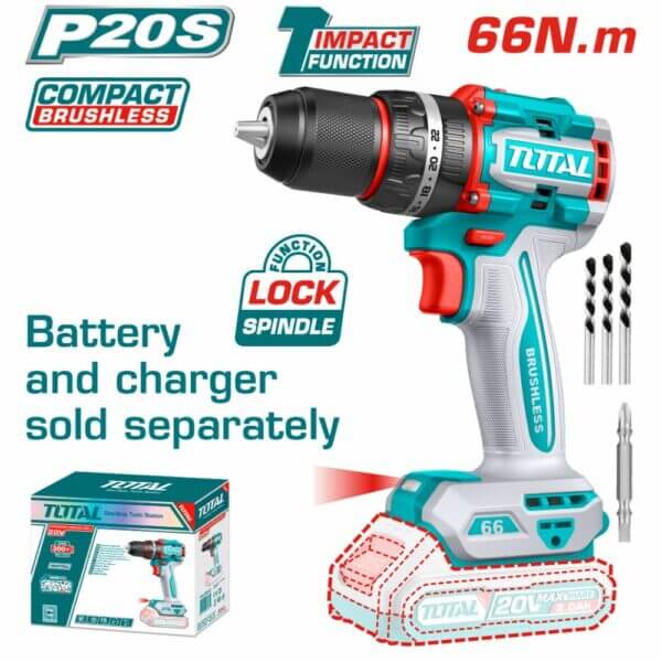 Taladro Percutor Brushless a Batería TOTAL 20V 66Nm Sin Batería TIDLI206681