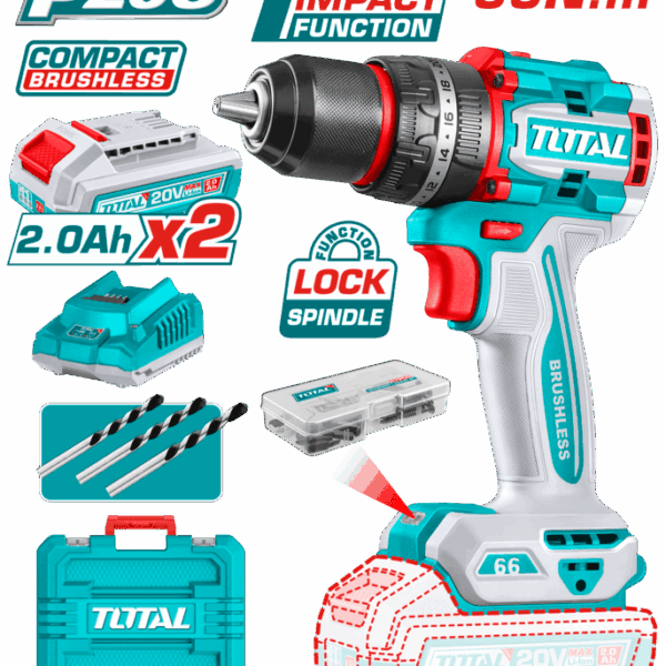 Taladro Percutor Brushless a Batería TOTAL 20V 66Nm + 2 Baterías 2Ah + Cargador + Maletín TIDLI20668E