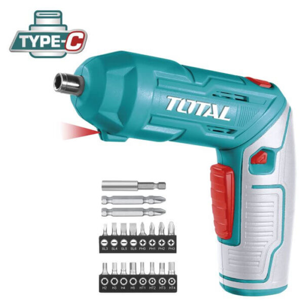 Atornillador Articulado TOTAL 4V USB-C 19 Puntas Batería Integrada TSDLI0442