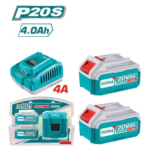 Pack 2 Baterías TOTAL 20V 4Ah + Cargador Rápido TFBCPK2013E