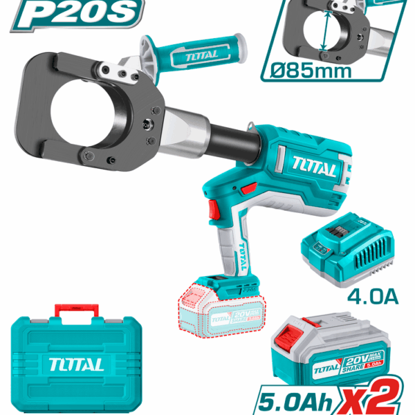 Cortadora Hidráulica de Cable a Batería TOTAL 20V 60KN + 2 Baterías 5Ah + Cargador + Maletín TRCLI2005