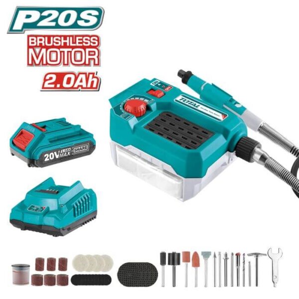 Multiherramienta Rotativa a Batería TOTAL 20V Tipo Dremel + Batería + Cargador Set Accesorios TMHLI2001E