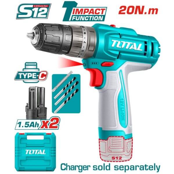 Taladro Percutor a Batería TOTAL 12V 20Nm Compacto Sin Batería TIDLI12202