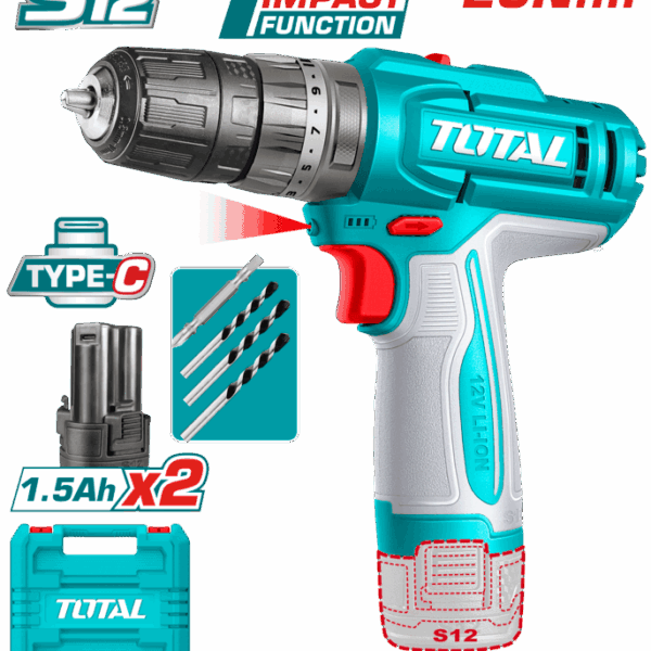 Taladro Percutor a Batería TOTAL 12V 20Nm + 2 Baterías 1.5Ah USB + Cargador + Maletín TIDLI12202E