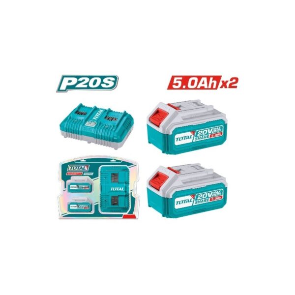 Pack 2 Baterías Litio TOTAL 20V 5Ah + Cargador Doble Rápido Plataforma P20S TFBCPK2425E