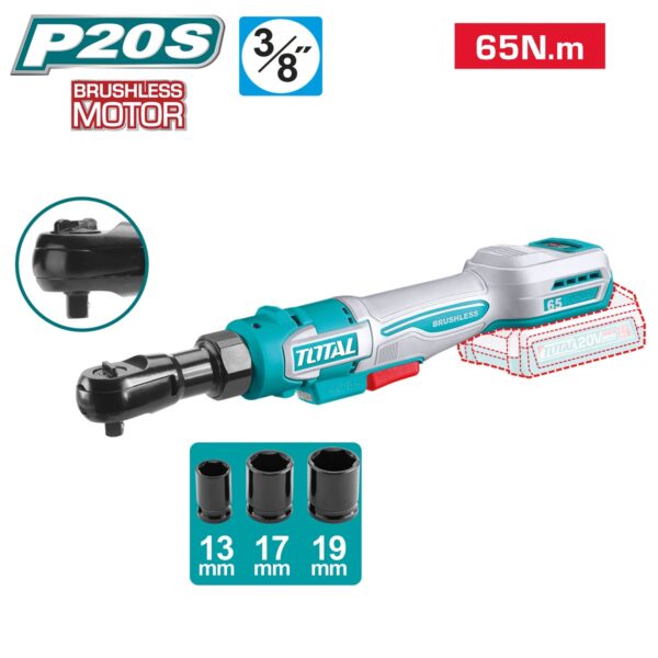 Llave Carraca Brushless a Batería TOTAL 20V 65Nm 3/8" Motor Sin Escobillas Sin Batería TDRLI206521