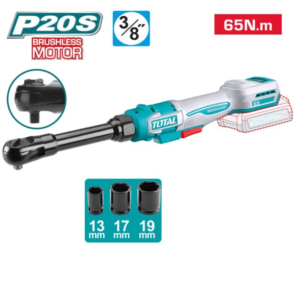 Llave Carraca Brushless a Batería TOTAL 20V 65Nm 3/8" Cuello Extendido 170mm Sin Batería TDRLI206529