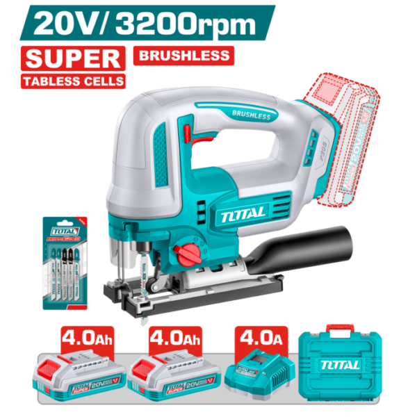 Kit Sierra Caladora Brushless a Batería TOTAL 20V + 2 Baterías Supercell 4Ah + Cargador Rápido + Maletín TJSLI13562E