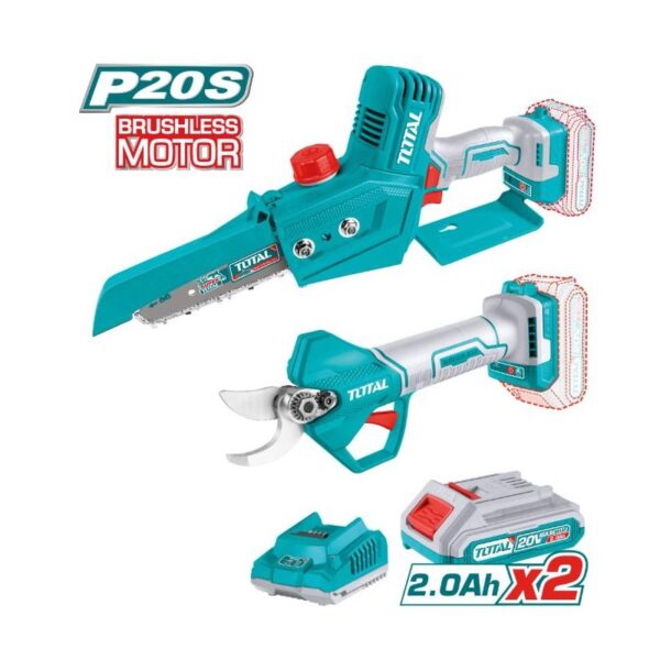 Pack Minisierra de Poda + Tijera de Poda Brushless a Batería TOTAL 20V + Baterías + Cargador + Maletín TOSLI240306E