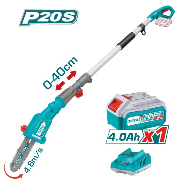Sierra de Pértiga a Batería TOTAL 20V Espada 8" Velocidad 4.8m/s Depósito Aceite 70ml + Batería 4Ah + Cargador TPSLI200815