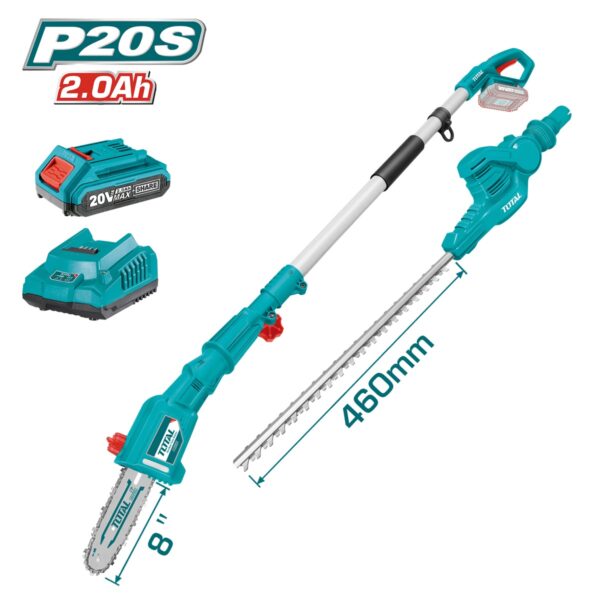 Set Cortasetos de Altura + Sierra de Pértiga a Batería TOTAL 20V 460mm + Espada 8" + Batería 2Ah TPTS201681