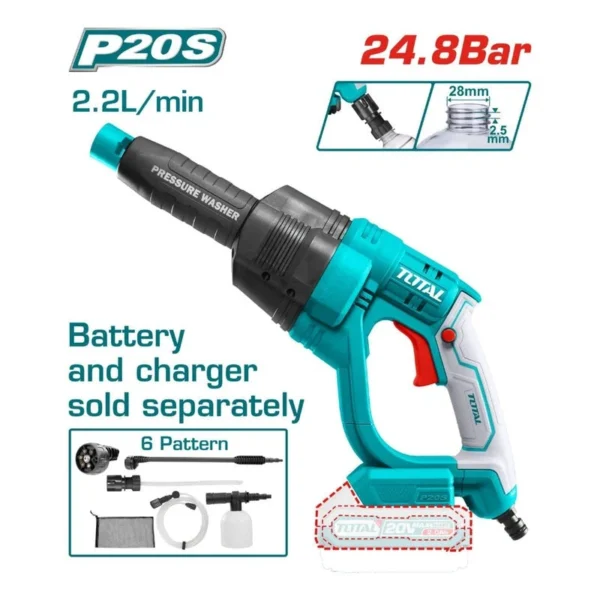 Pistola Hidrolimpiadora a Batería TOTAL 20V 24.8 bar 2.8L/min Set 6 Accesorios Sin Batería TPWLI2008