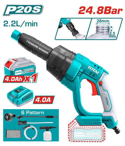 Kit Pistola Hidrolimpiadora a Batería TOTAL 20V 24.8 bar + Batería + Cargador + 6 Accesorios TPWLI20084