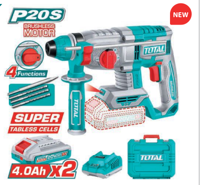 Kit Martillo Combinado Brushless a Batería TOTAL 20V 2J SDS Plus + 2 Baterías 4Ah + Cargador + Maletín TRHLI222085E