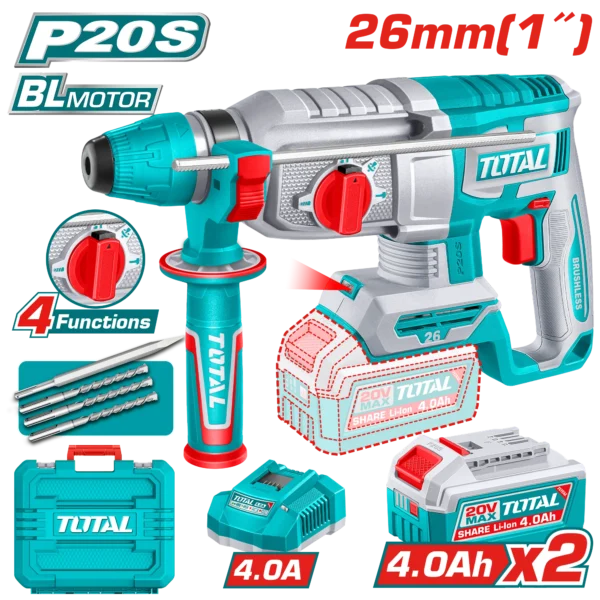 Kit Martillo Combinado Brushless a Batería TOTAL 20V 2.5J SDS Plus 26mm + 2 Baterías 4Ah + Cargador + Maletín TRHLI262085E