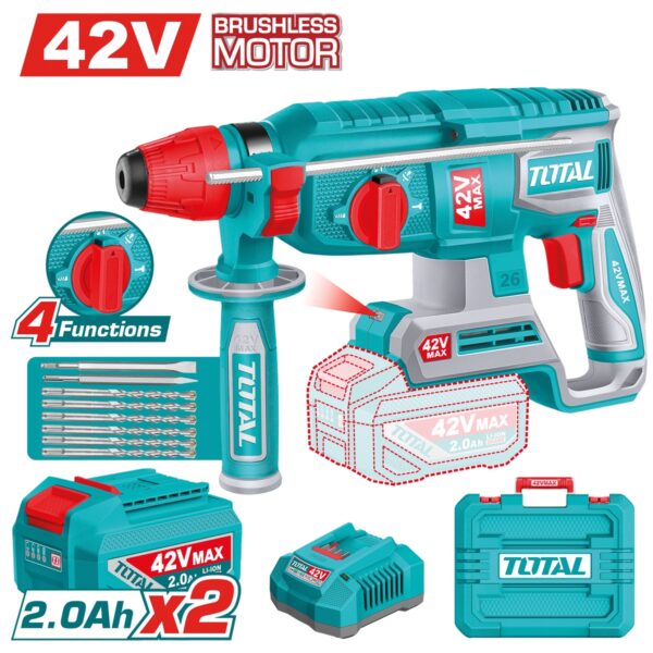 Kit Martillo Combinado Brushless a Batería TOTAL 42V 2.5J SDS Plus + 2 Baterías + Cargador Profesional TRHLI422682E